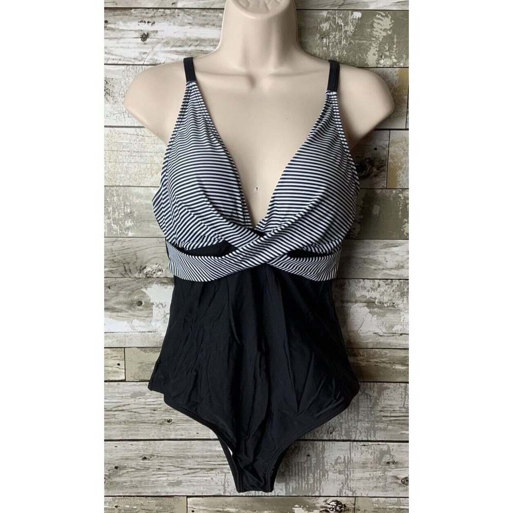 B2prity Women's One Piece Swimsuits Tummy Control Front Cross Black/White Size M